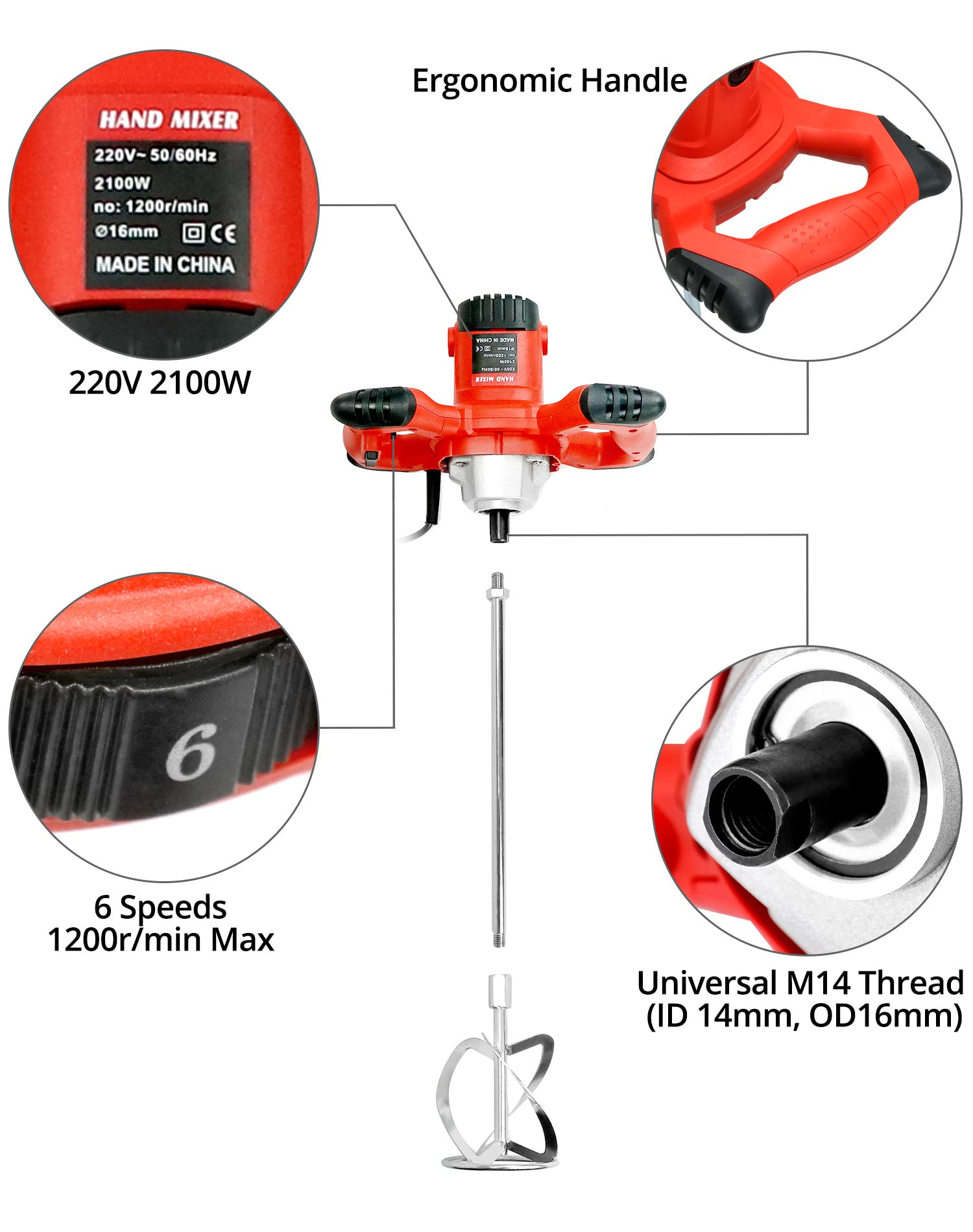 QWORK® Malaxeur Électrique - 220V 2100W 1200r/min 6 Vitesses - Emmanchement M14 - pour Peinture Mortier Crépis