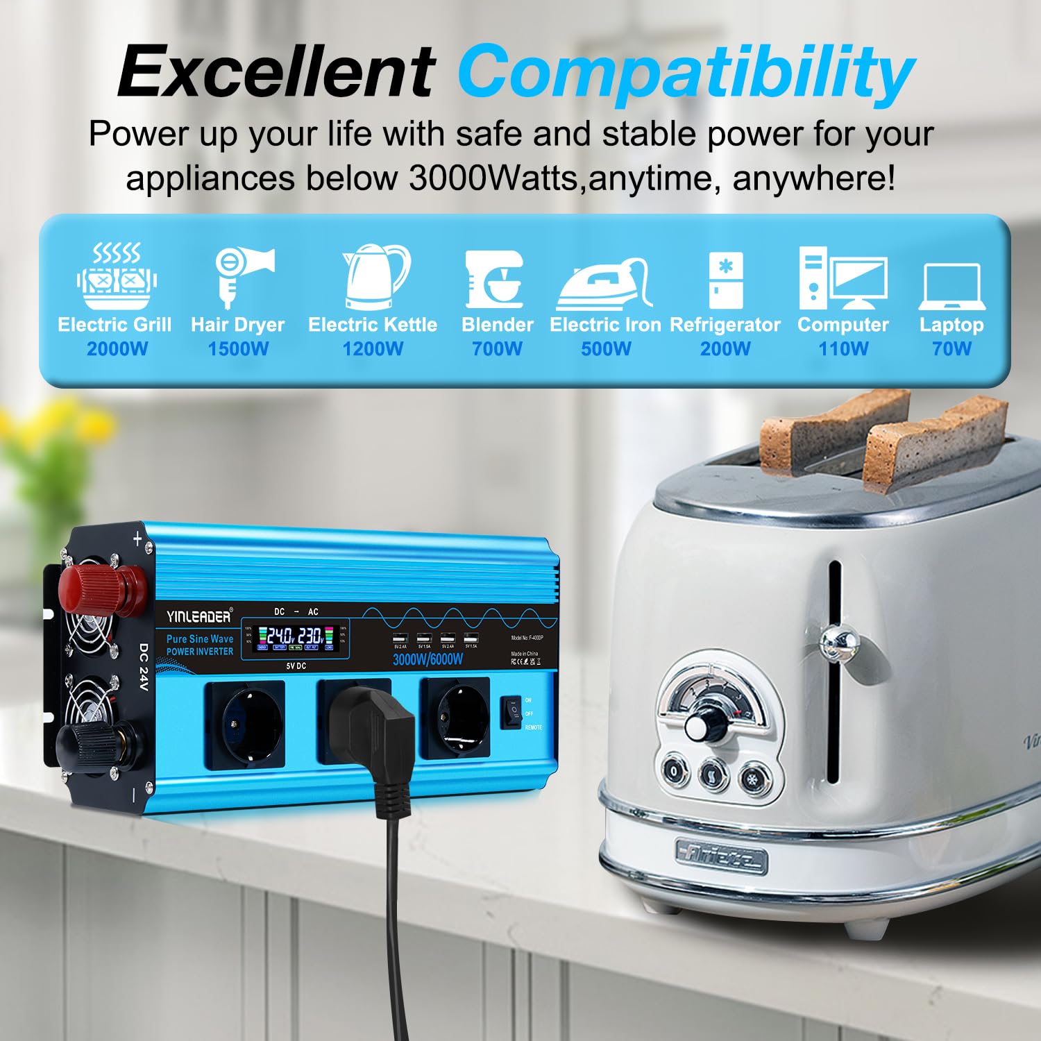 Yinleader Inversor 3000W Onda Sinusoidal Pura Convertidor de Voltaje 24V 230V con LCD | 3 Tomas y 4 USB Mando a Distancia Inalámbrico /6000W