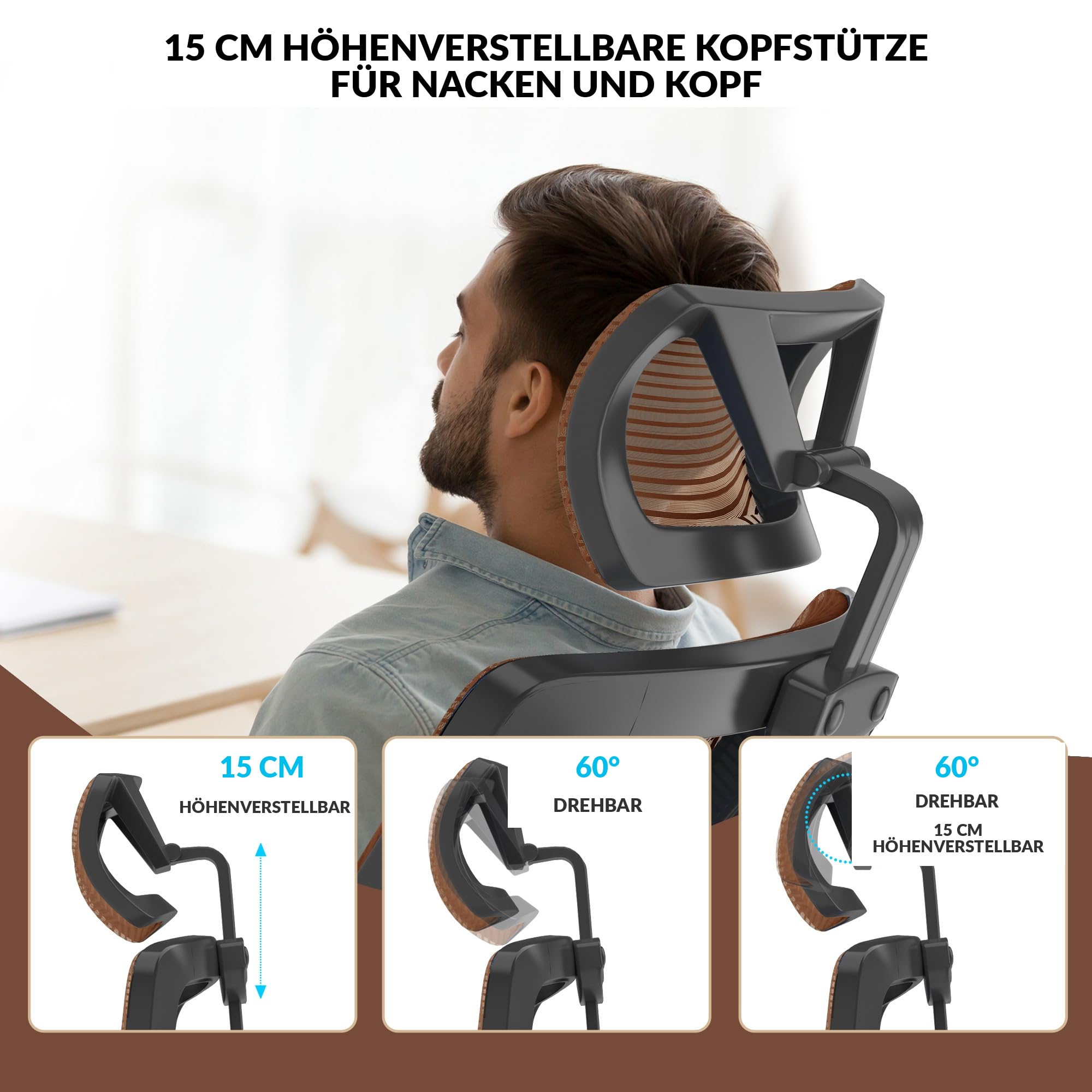 CYKOV Bürostuhl Ergonomisch Homeoffice, Wasserfall-Sitz 8h+ Rückenstütze | 4-fach Wippmechanik 90°-135°, Klappbare Armlehnen, SGS-Zertifiziert 150kg, 15cm+60° Verstellbare Kopfstütze, 5 Jahre Garantie