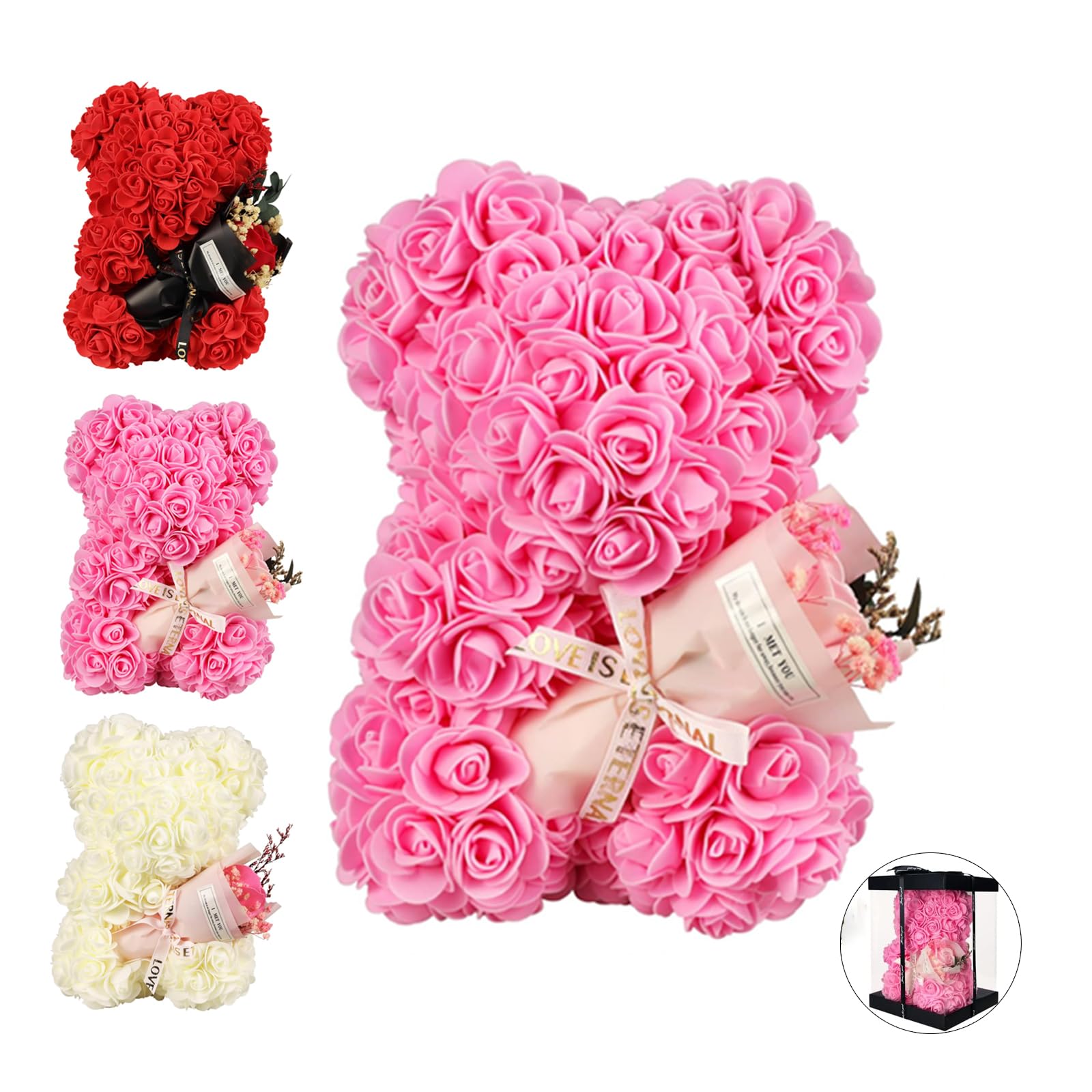 Valentines Gifts for Her Rose Flower Bear,Pink Rose Teddy Bear with Gift Box, Women Gifts for Valentines Day,Mothers Day,Anniversary ,Birthday,I Love You Gifts for Wife/Mom/Girlfriend/Daughter-10inch