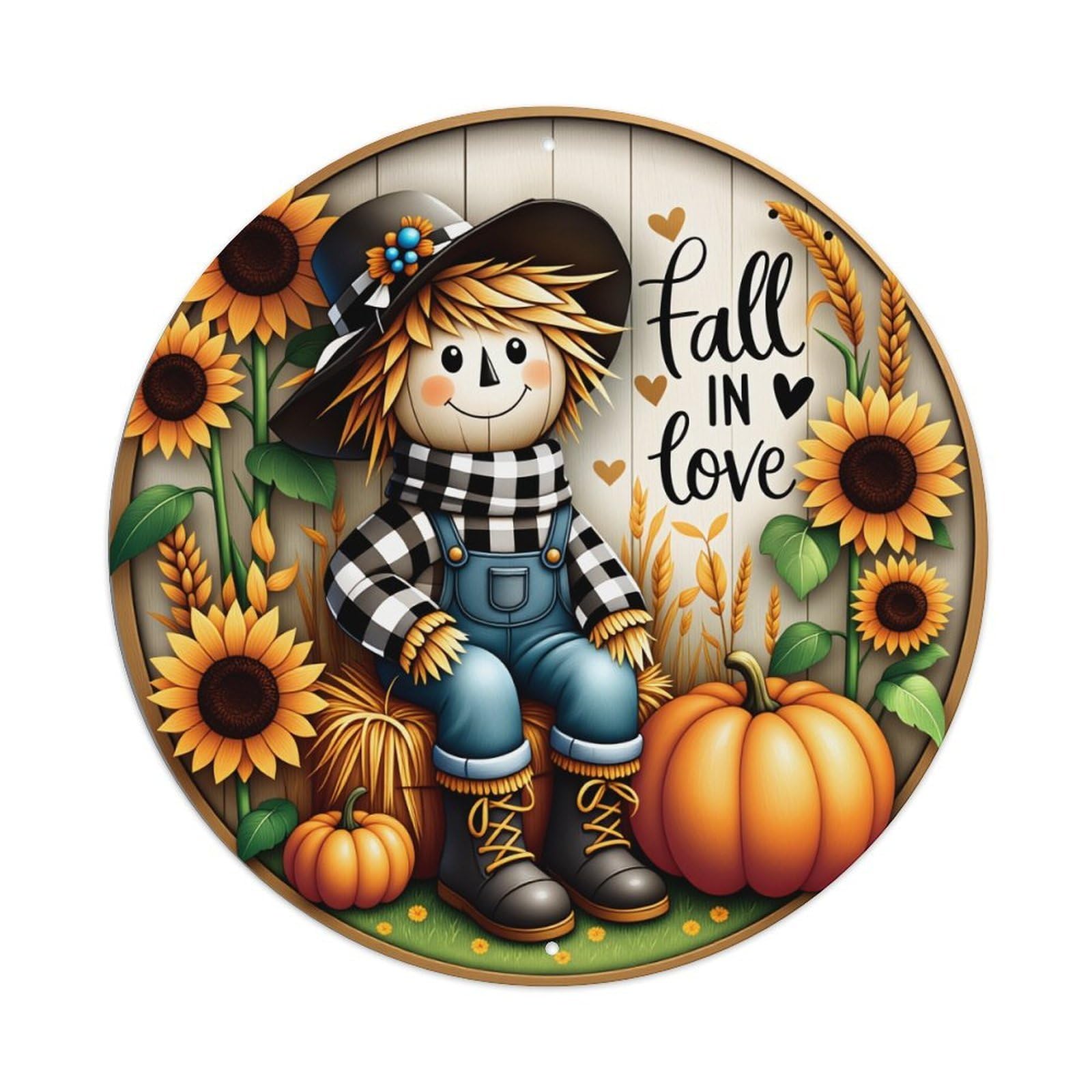 Scarecrow Sunflower Pumpkin Autumn Love Tin Sign Vintage Style Home Bar Garden Wall Plaque Decor Metal Poster 8x12 Inch