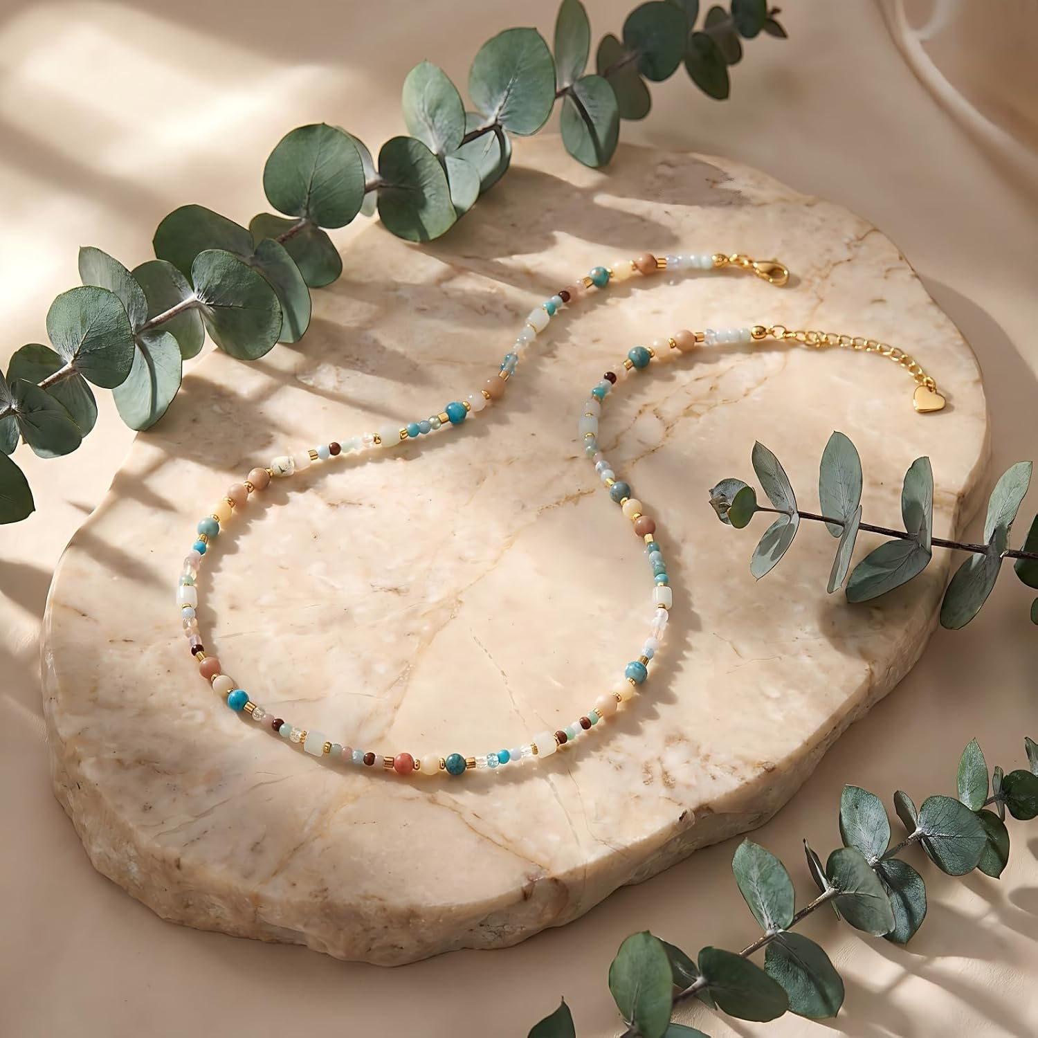 Harlermoon Beaded Necklace for Women, 18K Gold Plated Stainless Steel Natural Stone Crystal Boho Choker, Waterproof Hypoallergenic Jewelry Gift