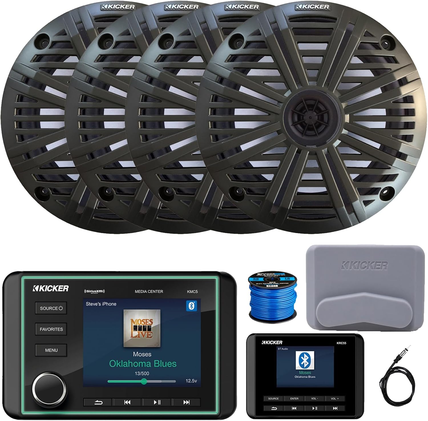 Kicker KMC5 3.5" LCD Display Marine Bluetooth USB/AUX WB AM/FM Radio Gauge Style Receiver W/Digital Controller, 4X 6.5 195 Watt Max Power 4 Ohm Coaxial Speakers W/Charcoal Grilles, Antenna, Wire