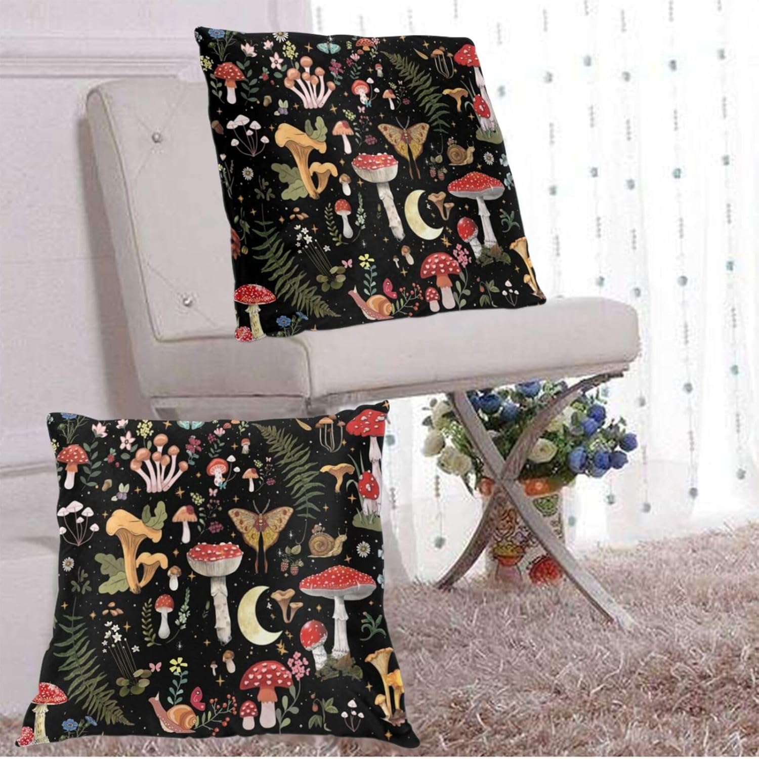 Cute Mushroom Gifts Throw Pillow Covers 18x18 Set of 2 Fern Leaves Gothic Witchy Decorative Pillowcase Cushion Covers Soft Velvet Pillow Cases for Sofa Couch Bed Car Bedroom Spring Decor - Image 4