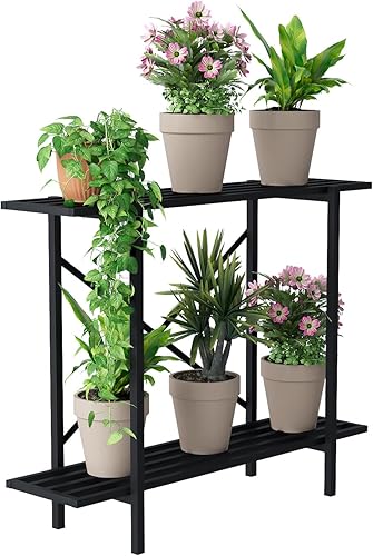 Zhongma Soporte de metal resistente para plantas de 2 niveles, soporte estrecho para plantas para interiores y exteriores, 35.43 pulgadas de largo x