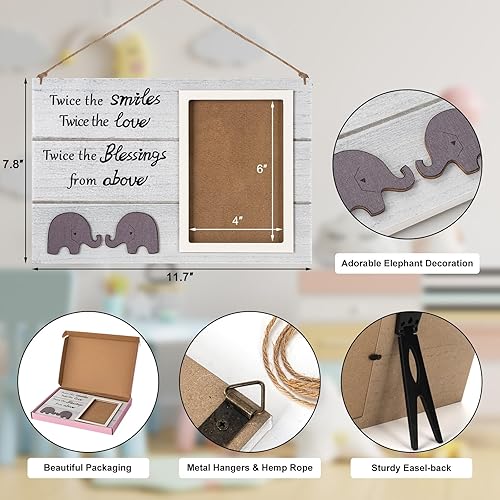 Miniatura 6 de Marco de fotos de madera para bebés gemelos con bonitos patrones de elefante, regalos únicos de baby shower para gemelos mamá, marco de fotos de
