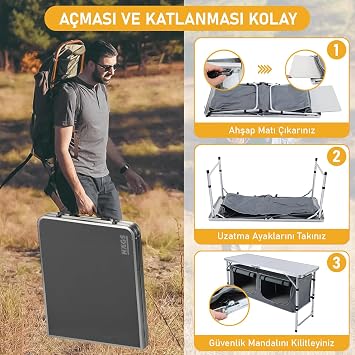 Haegs Saklama Dolaplı Kamp Masası, Outdoor Kamp Mutfağı, Kamp Dolabı, Katlanabilir Piknik Masası, Mutfak Dolabı, Depolama bölmeli, Dış Mekan Mutfağı 90x50cm Hareli Ceviz
