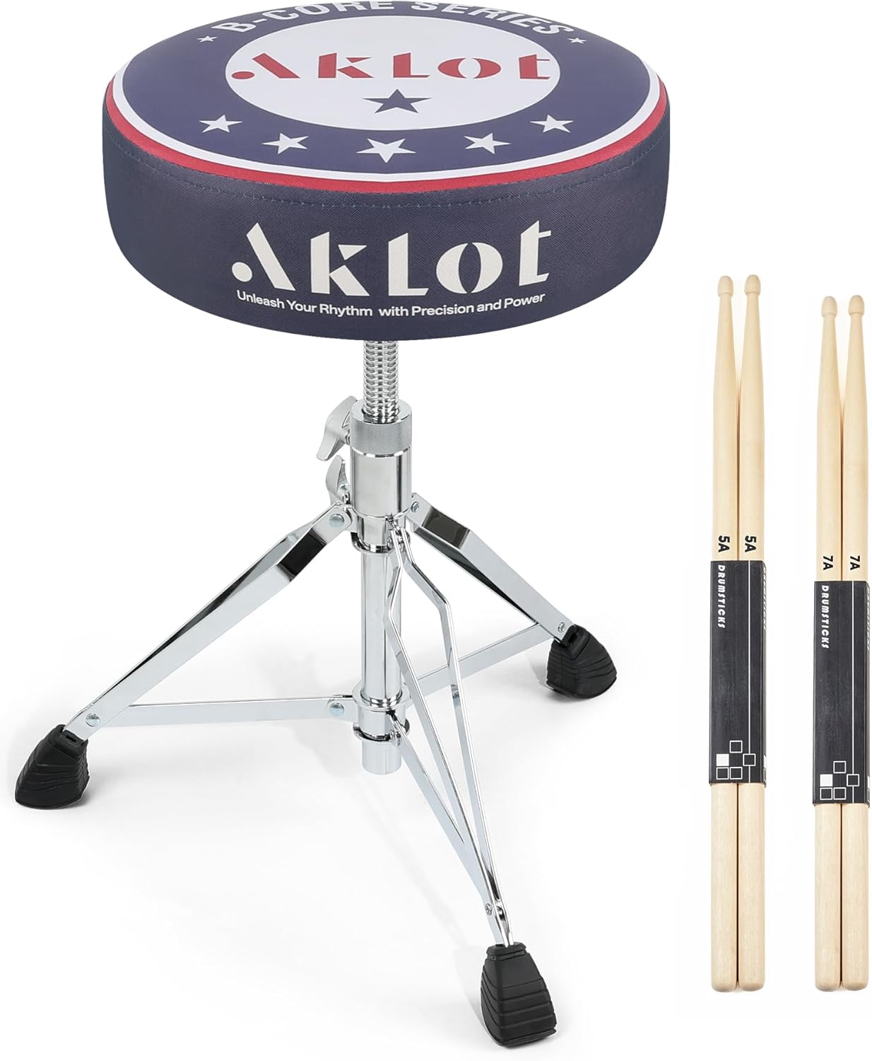 AKLOT Graphic Round-Top Drum Throne: Height Adjustable Drum Stool, with Thickened Sponge Seat, Bold Yet Edgy Graphic Throne, 5A and 7A Drumsticks, Sturdy Tripod Base with Non-Slip Rubber Feet (TR-ST)