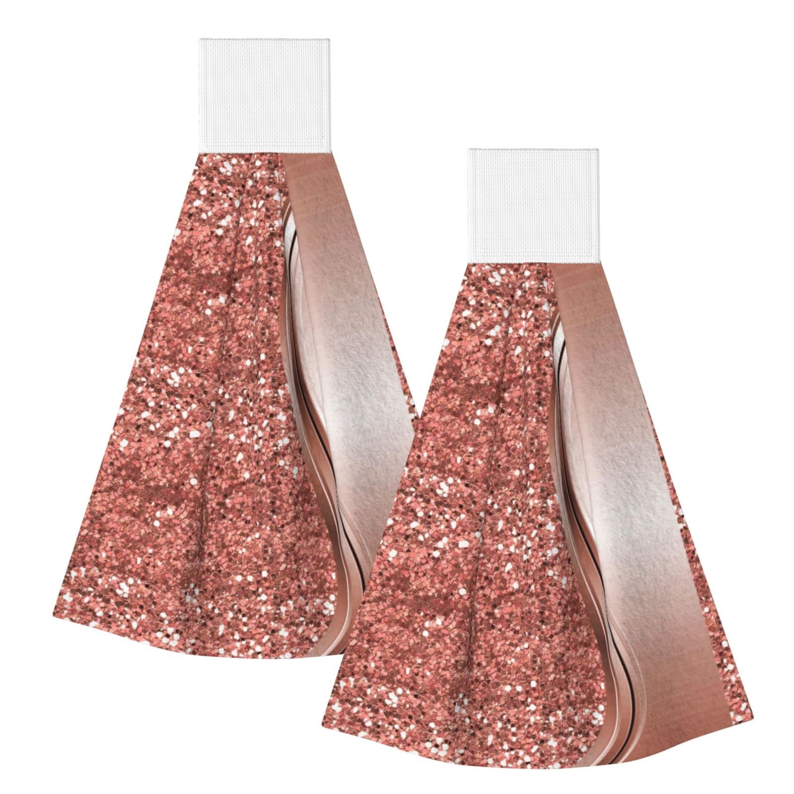 DOPKLNA Rose Gold Sparkle Glam Bling, 2 Pcs Hanging Coral Fiber Hand Towels for Bathroom, Absorbent Kitchen Towels