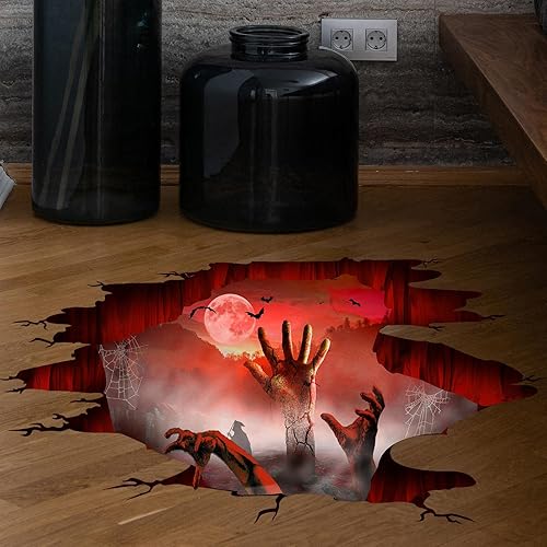 Miniatura 7 de Calcomanías 3D espeluznantes para suelo de Halloween, calcomanías de pared de piso de fantasmas para sala de estar, luna aterradora, bruja y