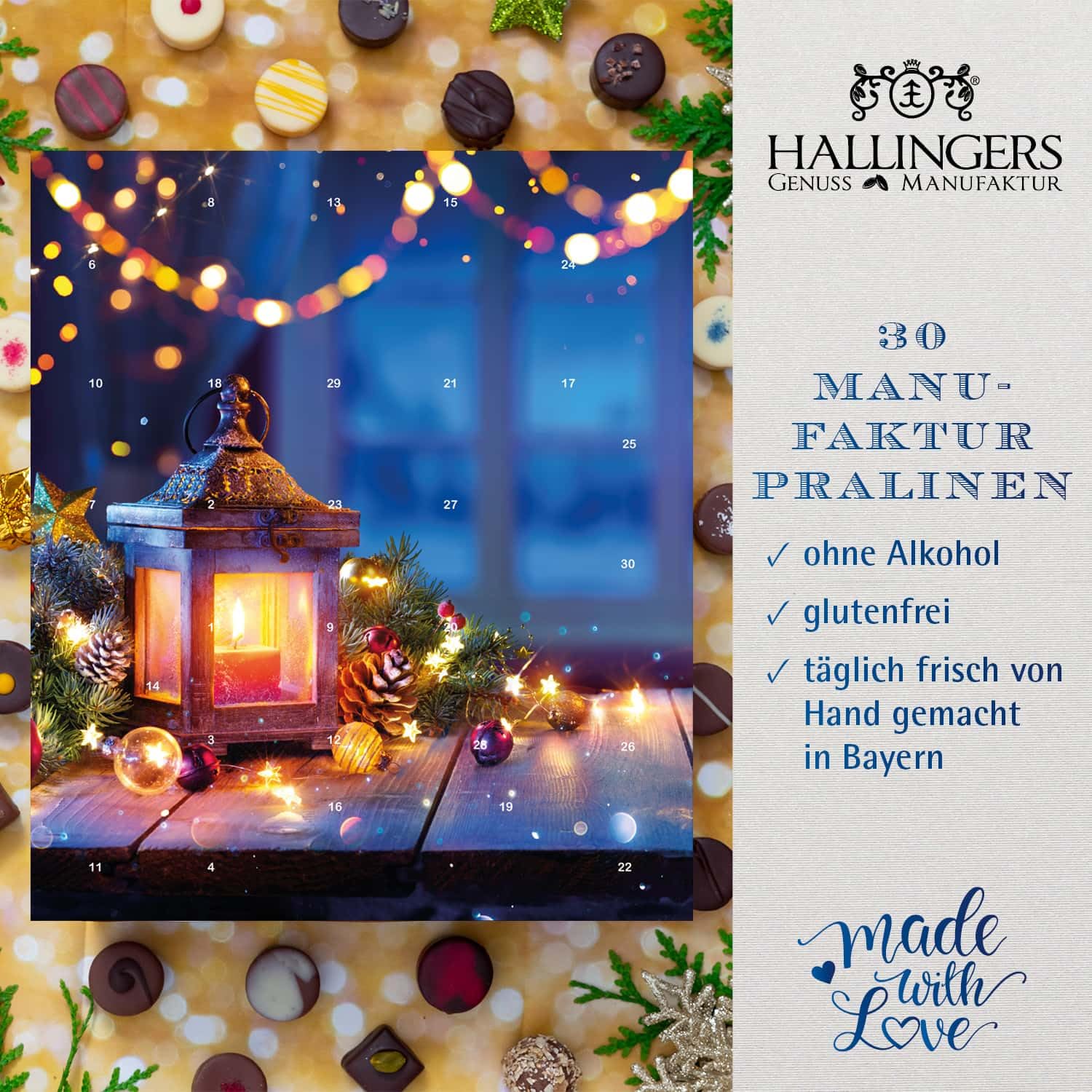 Hallingers Genuss Manufaktur Pralinen Adventskalender - ohne Alkohol, handmade aus Confiserie-Edelkakao in wertigem Softfeel-XLKarton "Weihnachtsfreud...", Weihnachtskalender für Frauen Männer