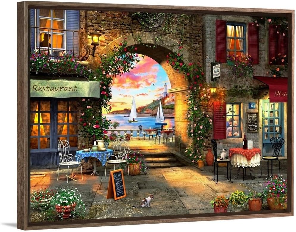 CANVAS ON DEMAND Mediterranean Evening Black Float Framed Canvas Wall Art Print by Dominic Davison, Home Decor, Cat, Design Europe, Artwork,16" x12in