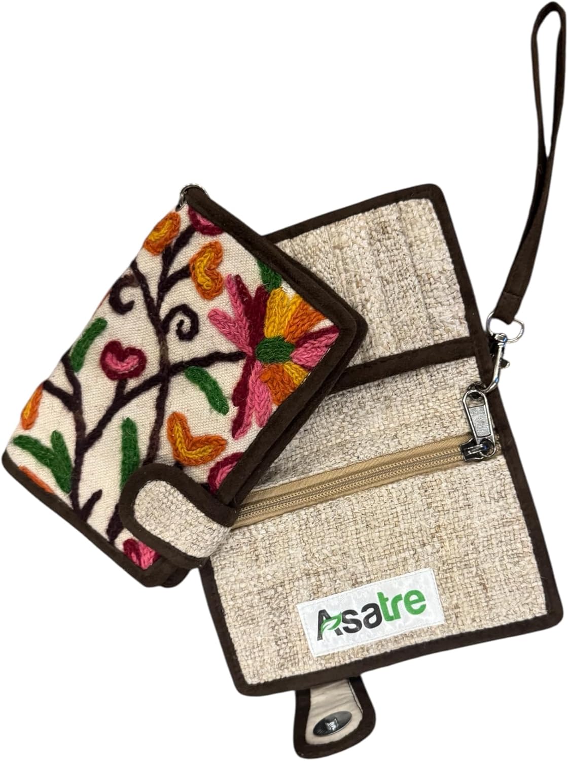 Asatre Hemp Wallet with Floral Embroidery, Handcrafted Bi-Fold Card Holder, Beige, Brown Trim, Zipper Compartment, Traditional Style (Pink) - Image 4