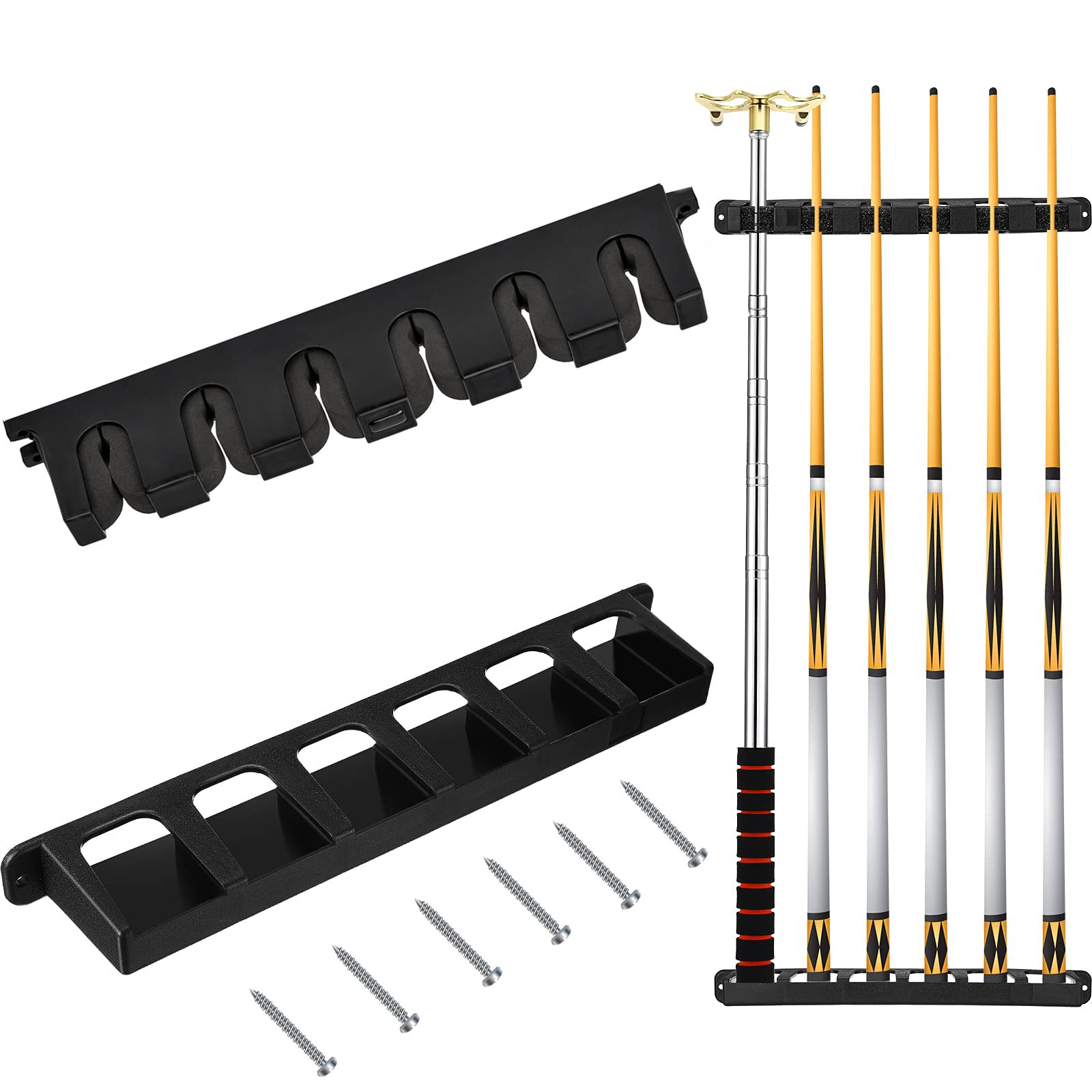 Wall Mounted Pool Cue Rack With EVA Clip, Plastic Billiard Stick Holder for Game Room, Clubs, Players (Black / 6 Cues)