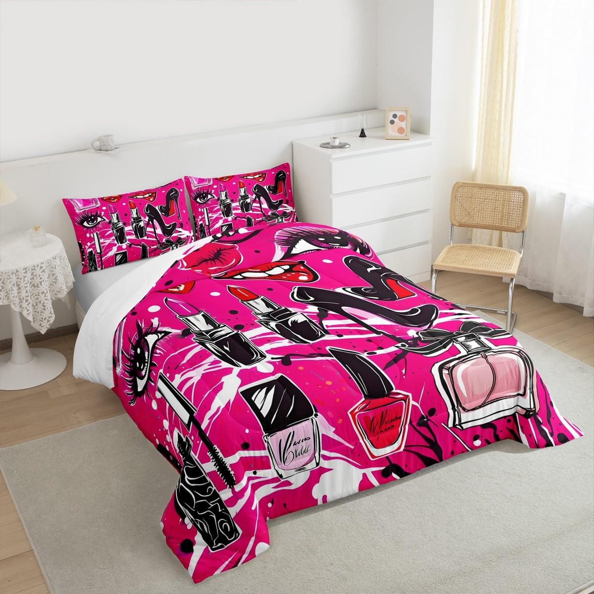 Homewish Makeups Comforter Set Queen Size,Red Lips High Heels Bedding Set 3pcs for Girls Woman Adult Room Decor, Beauty Graffiti Quilt Set Purple Duvet Insert with 2 Pillowcases