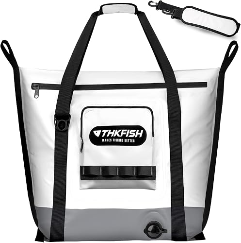 THKFISH Insulated Fish Cooler Bag, 25x17.5in Portable Soft Cooler Bag for Caught Fish, Travel, Beach, Camping, Picnic, Lunch, Fishing, 24HR Cold Retention (White-Grey)