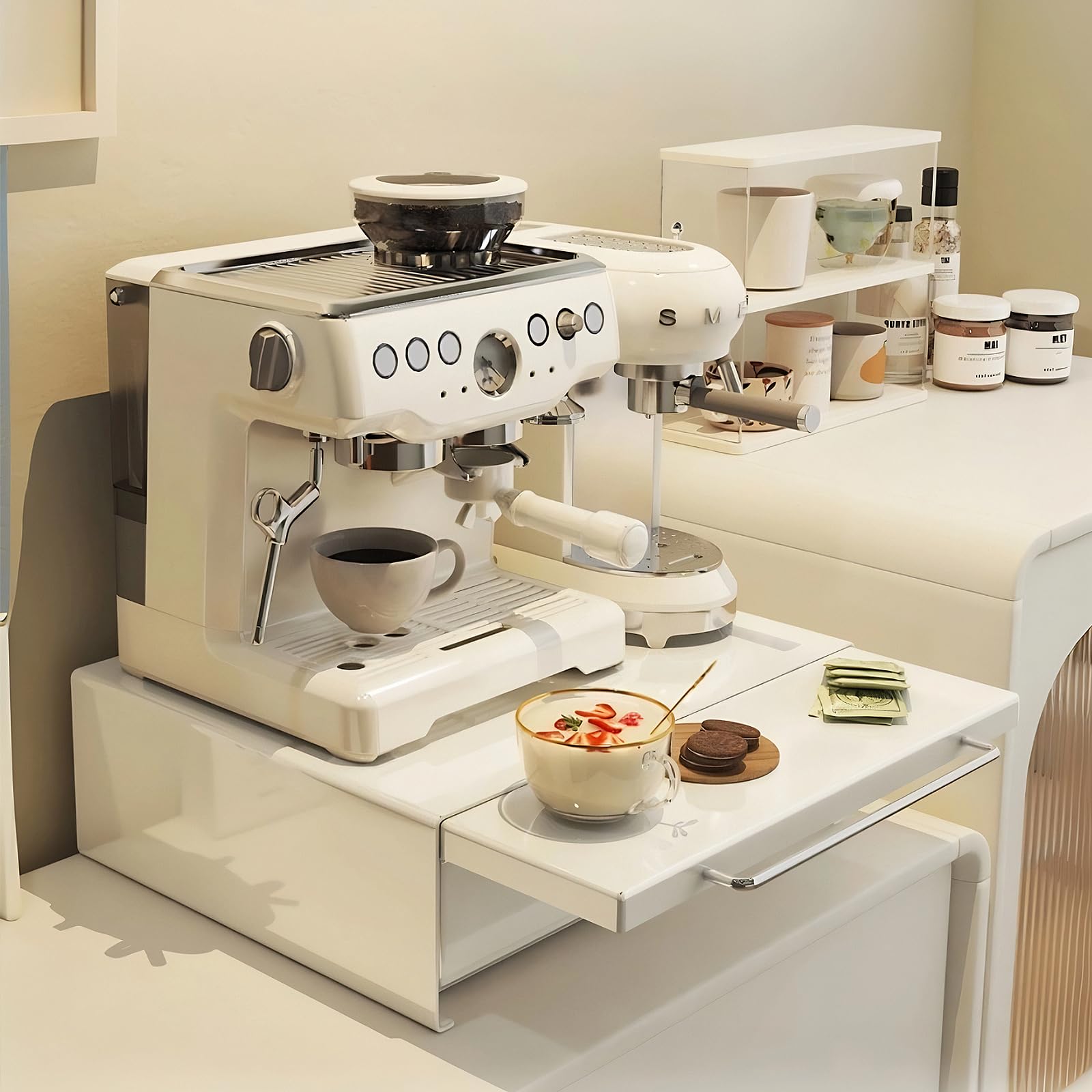 Coffeewith Drawer - biały stojak na ekspres do kawy na kubki na wodę, saszetki do kawy i torebki herbaty - idealne rozwiązanie do przechowywania w kuchni i salonie