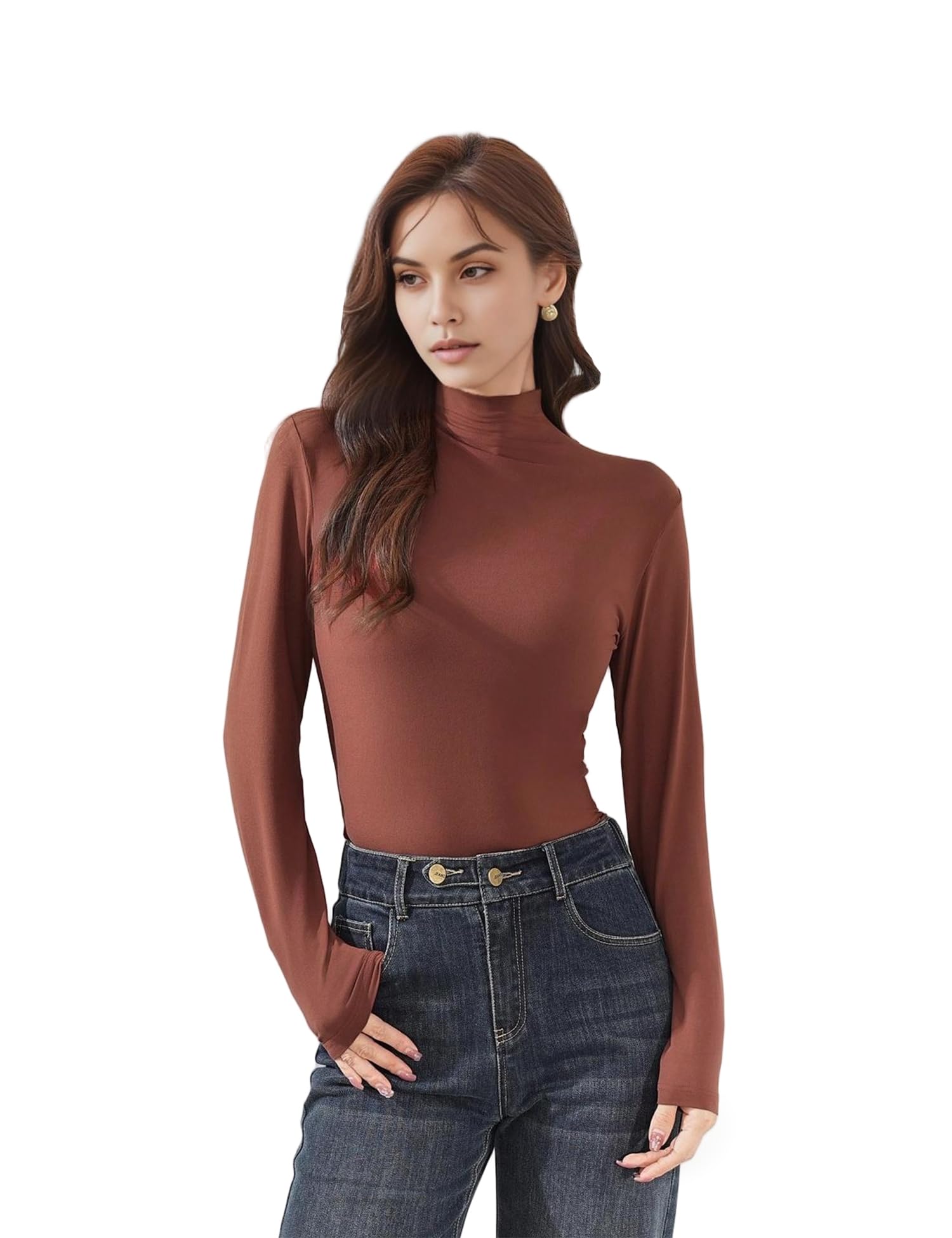 venzina Women's Long Sleeve Mock Neck Top -Slim Fit Stretch Basic Tee Blouse, Soft Thermal Pullover for Winter & Fall, Versatile for Layering, Casual, Office-picture-19
