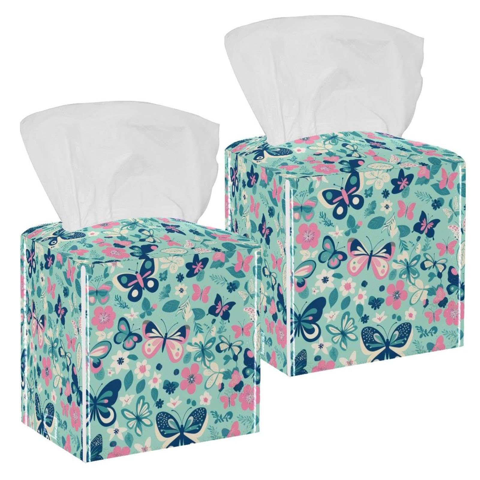 Aesthetic Butterfly Tissue Box Cover, 2 Pack PU Leather Square Facial Tissue Dispenser Box holder for Home Office Car