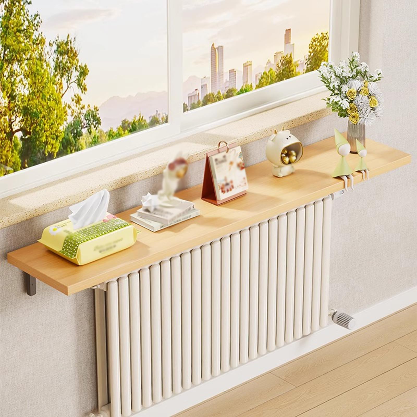 Estante para radiador flotante de madera para decorar el dormitorio y la oficina