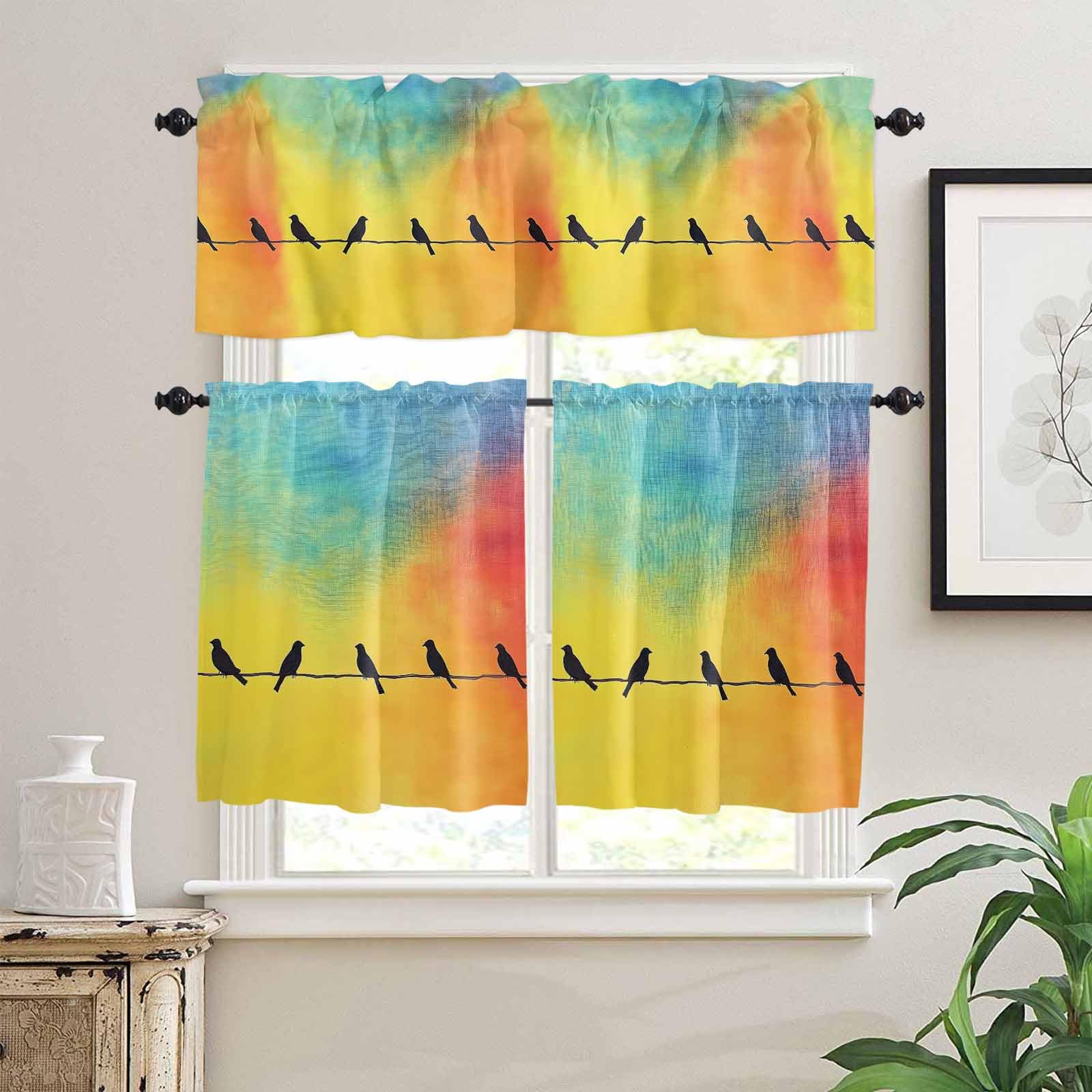 Bird Line Abstract Kitchen Curtains 36 Inch Length, 3 Piece Rod Pocket Small Half Tiers and Valance Set, Orange Blue Ombre Silhouette Small Large Window Treatment Decor for Bedroom/Bathroom Sink