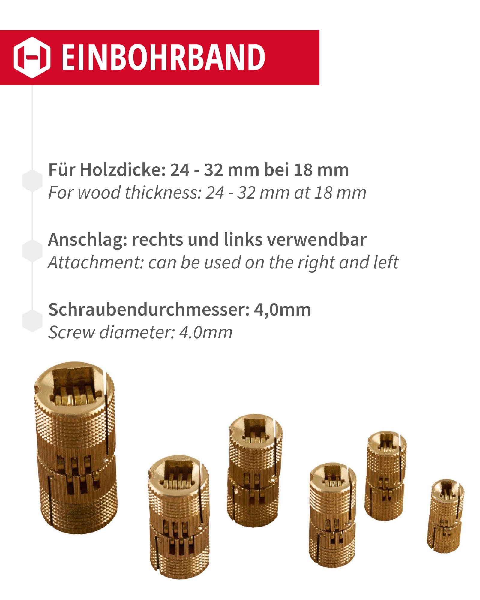 Gedotec Scharniere - verdecktes Einbohrscharnier | 4 Stück Möbelscharniere aus Messing | ZYSA | Einbohrband für Holz-Dicke 31-40 mm | Schrankscharnier rund für Bohr-Ø: 24 mm | Öffnungswinkel 180°