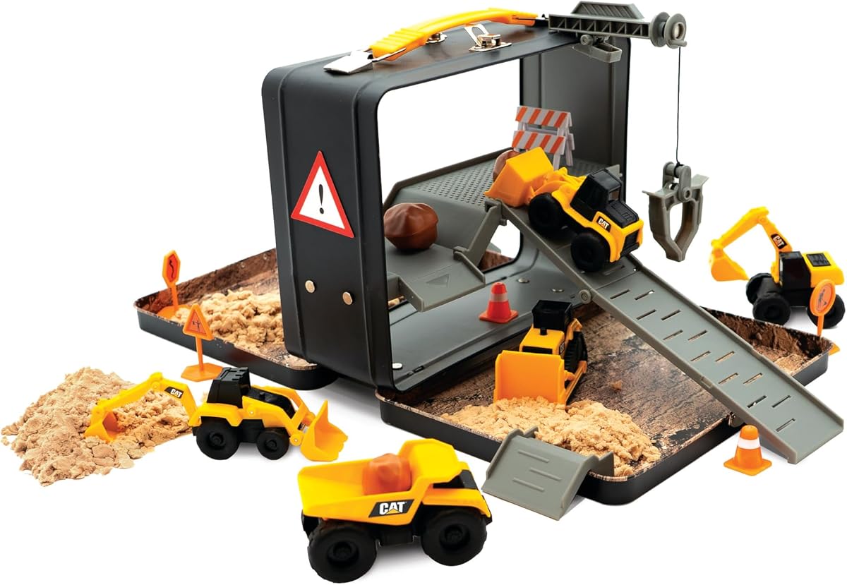 CAT Construction Toys, Store N Go Playset - Tin Travel Case Transforms into Multi-Level Worksite, Includes 2 Little Machines Vehicles & 10 + Accessories, Portable STEM Toy for Kids Ages 3 +