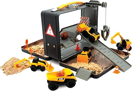 Miniatura 7 de CAT Juguetes de construcción, Little Machines Mega Set – Más de 40 piezas con grúa XL y excavadora, 10 mini vehículos, señales de tráfico, conos,