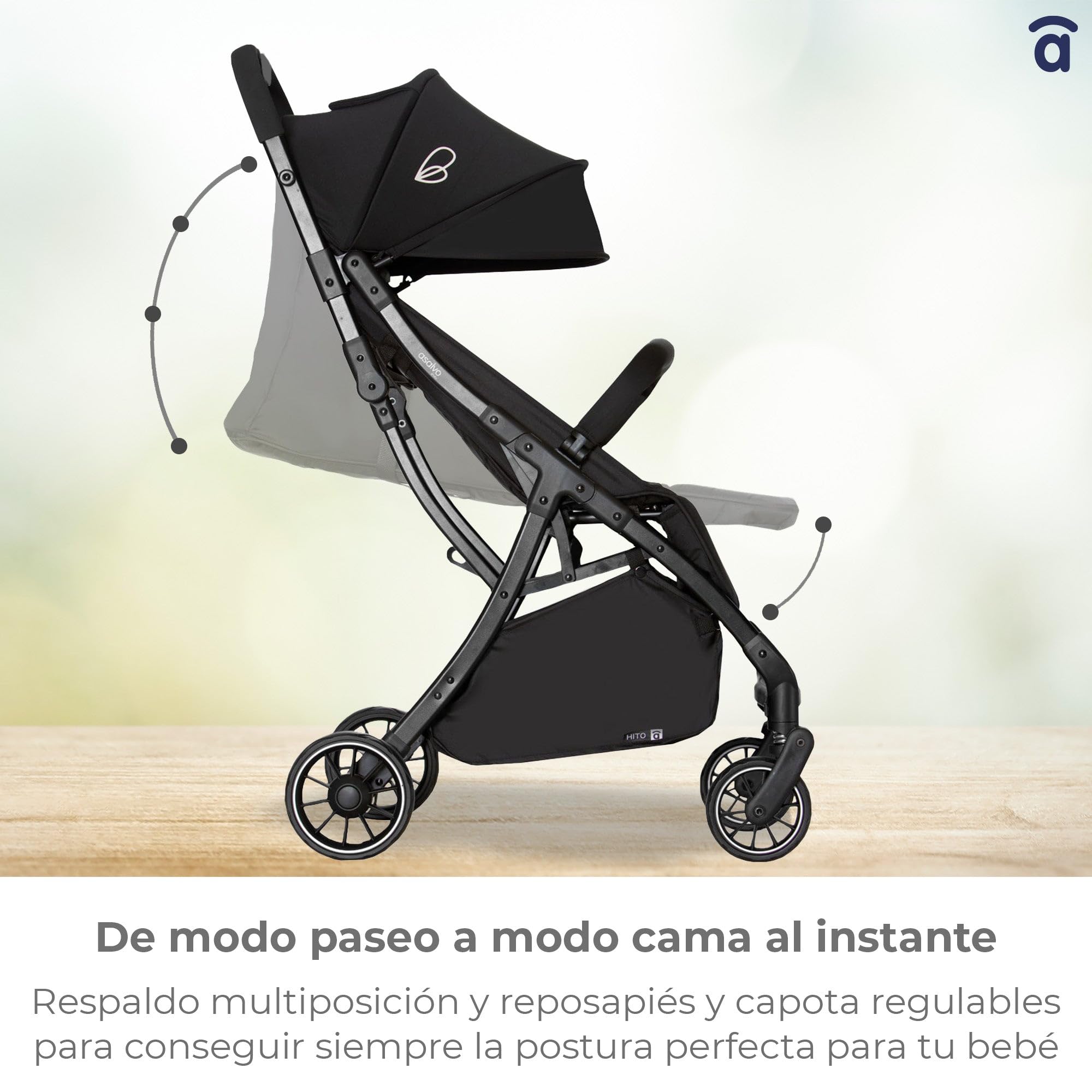 Asalvo HITO Silla de Paseo, Carrito bebé, Carro para bebés, Confortable, Ultraligera, Segura, Capota con Ventana y Freno Trasero, Manejable, Plegado compacto, Carga Máxima 24 kg, Negro