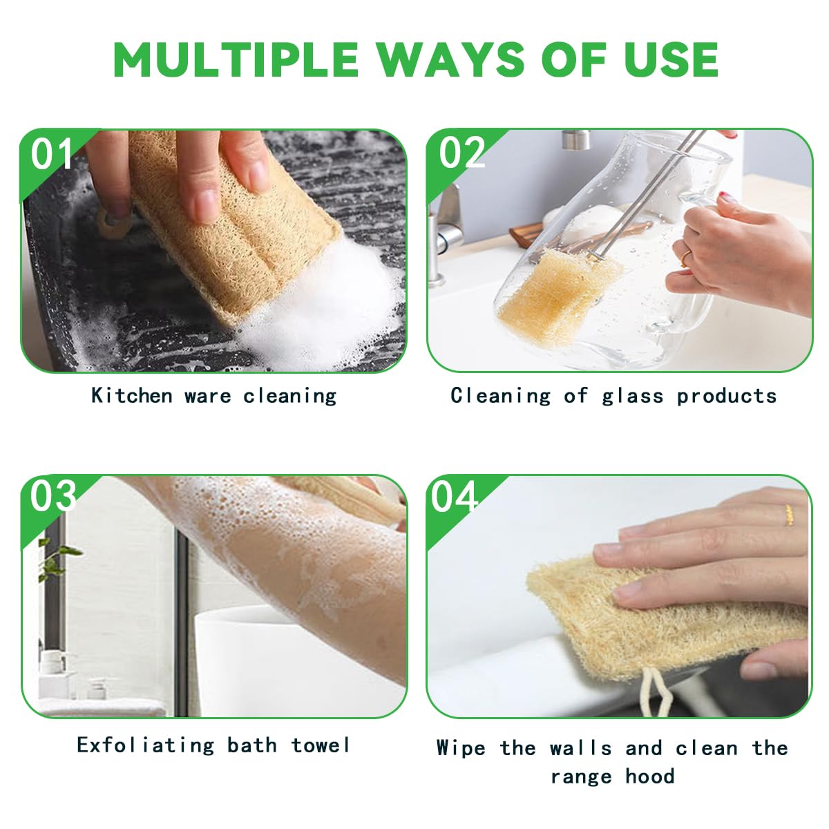 Spugna esfoliante per il corpo in luffa naturale (confezione da 3), scrub doccia, rimuove la pelle morta, durevole, beige