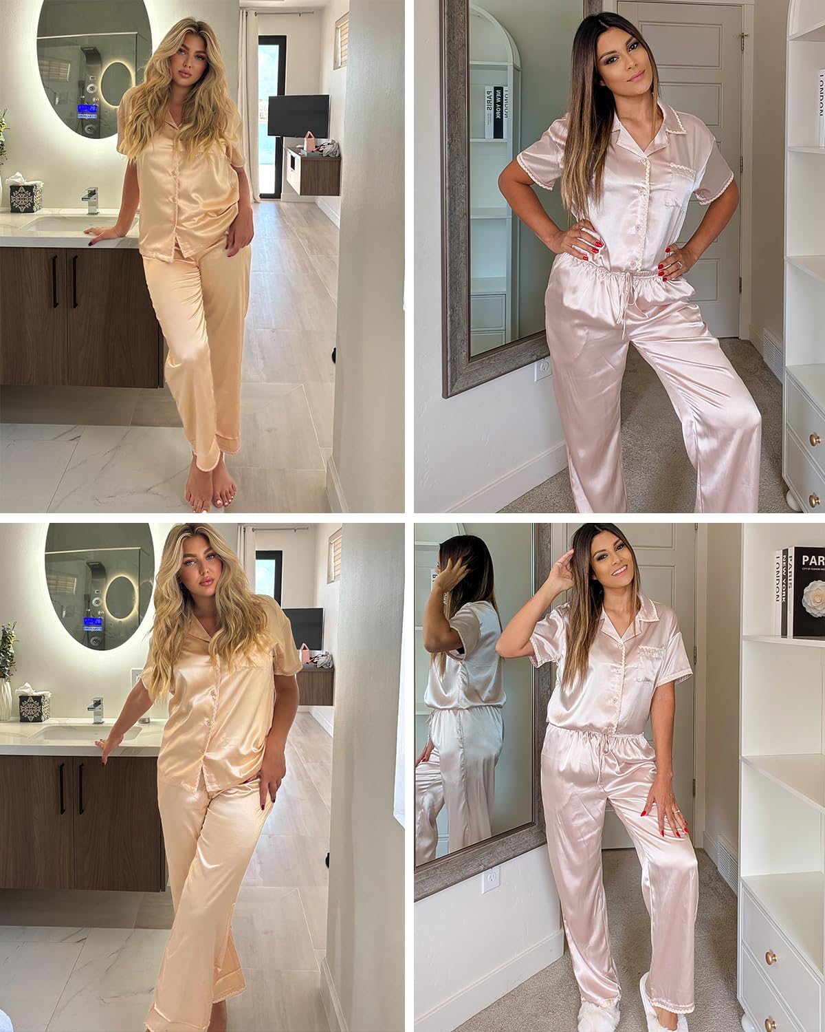 Ekouaer Silk Pajamas for Women Set Satin Two Piece Pjs Sets Ric Rac Trim Contrast Loungewear - Image 6