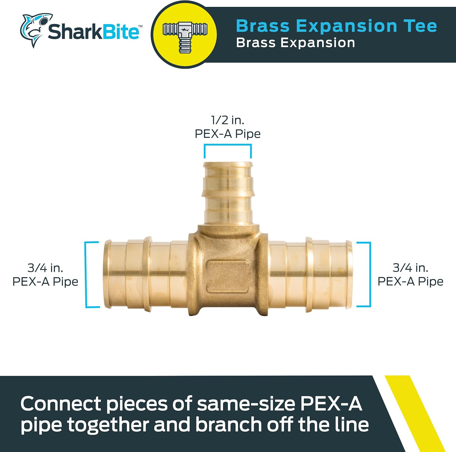 SharkBite 3/4 Inch x 3/4 Inch x 1/2 Inch Expansion Reducing Tee Fitting for PEX-A Pipe, Brass Plumbing Fittings, Reducing Tee for PEX-A Tubing, UAB412LFA