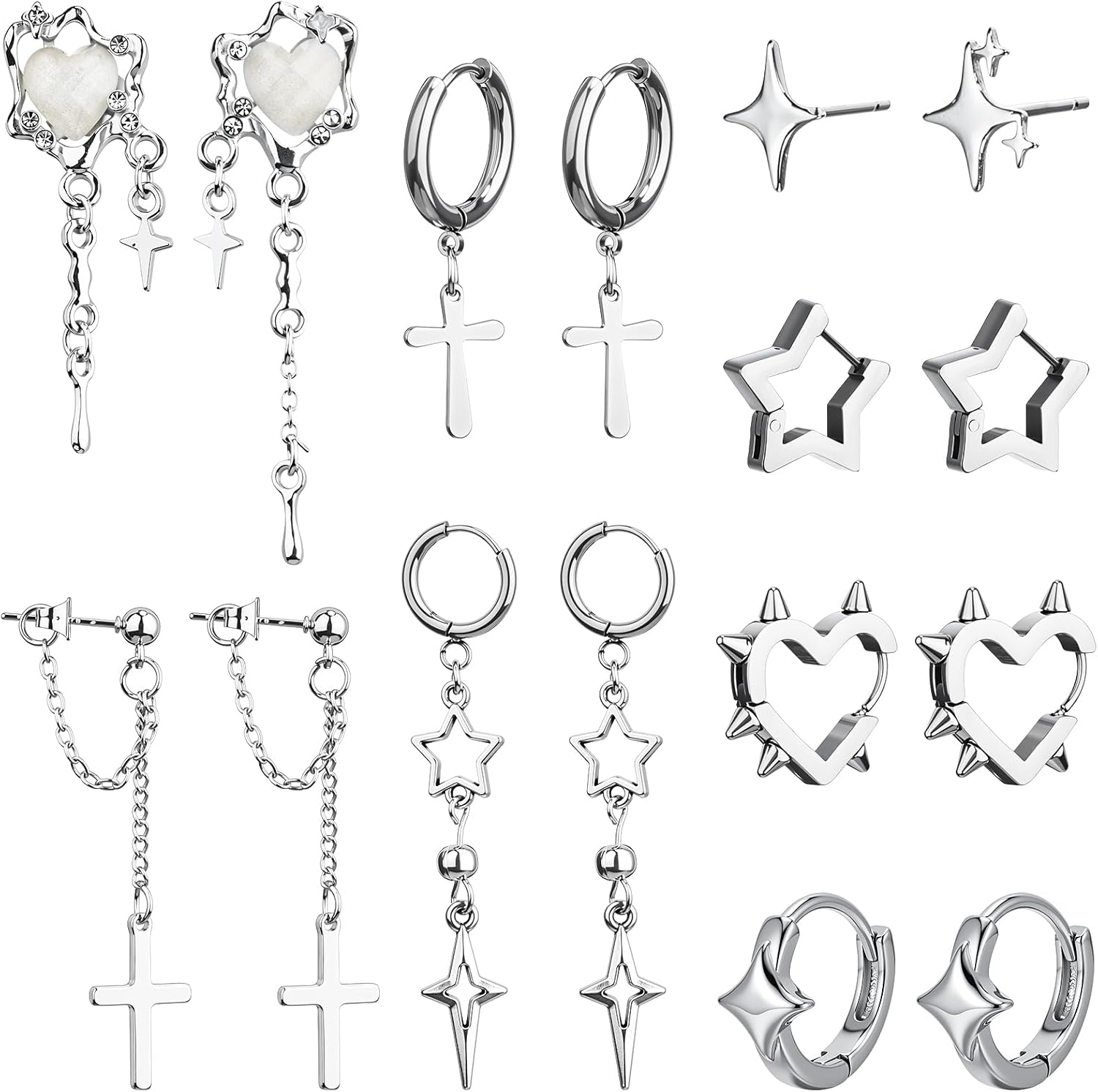 Quelay 8 Pairs Y2K Punk Earrings Set for Men Women Dangle Goth Gothic Grunge Emo Kpop Earrings Fashion Jewelry Gifts
