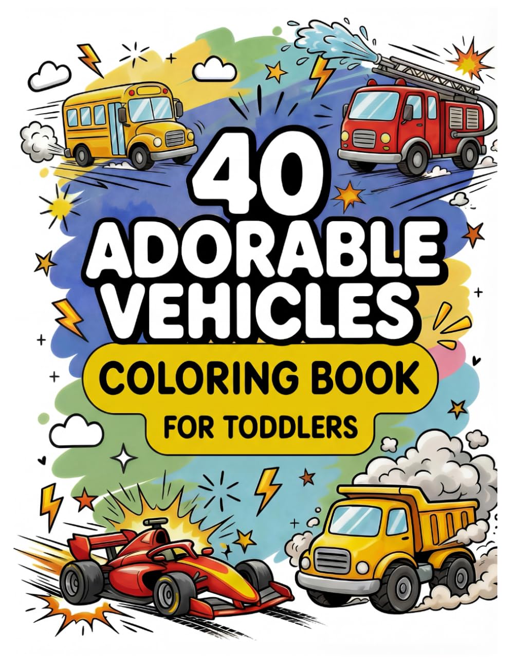 40 Adorable Vehicles Coloring Book for Toddlers Ages 3 to 8: Cute Cars, Trucks, Construction Vehicles, and More - Easy Coloring Pages for Kids to Learn and Enjoy
