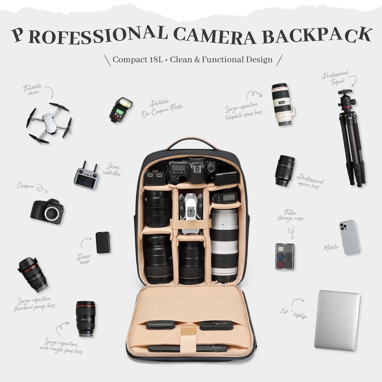 Sac à Dos pour Appareil Photo avec Compartiment Ordinateur Portable 14 Pouces et Housse imperméable, Sac Photo Professionel pour DSLR/SLR/Drone, Sac de Photographie avec Canon/Nikon/Sony (Noir)