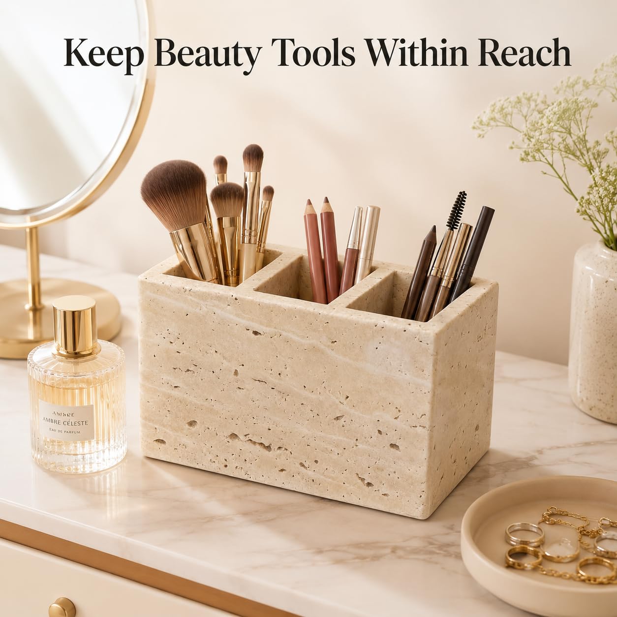 Organizer da scrivania in travertino, 3 scomparti | Per penne, pennelli da trucco, forniture per ufficio e decorazione del bancone del bagno, 15 x 10 x 10 cm