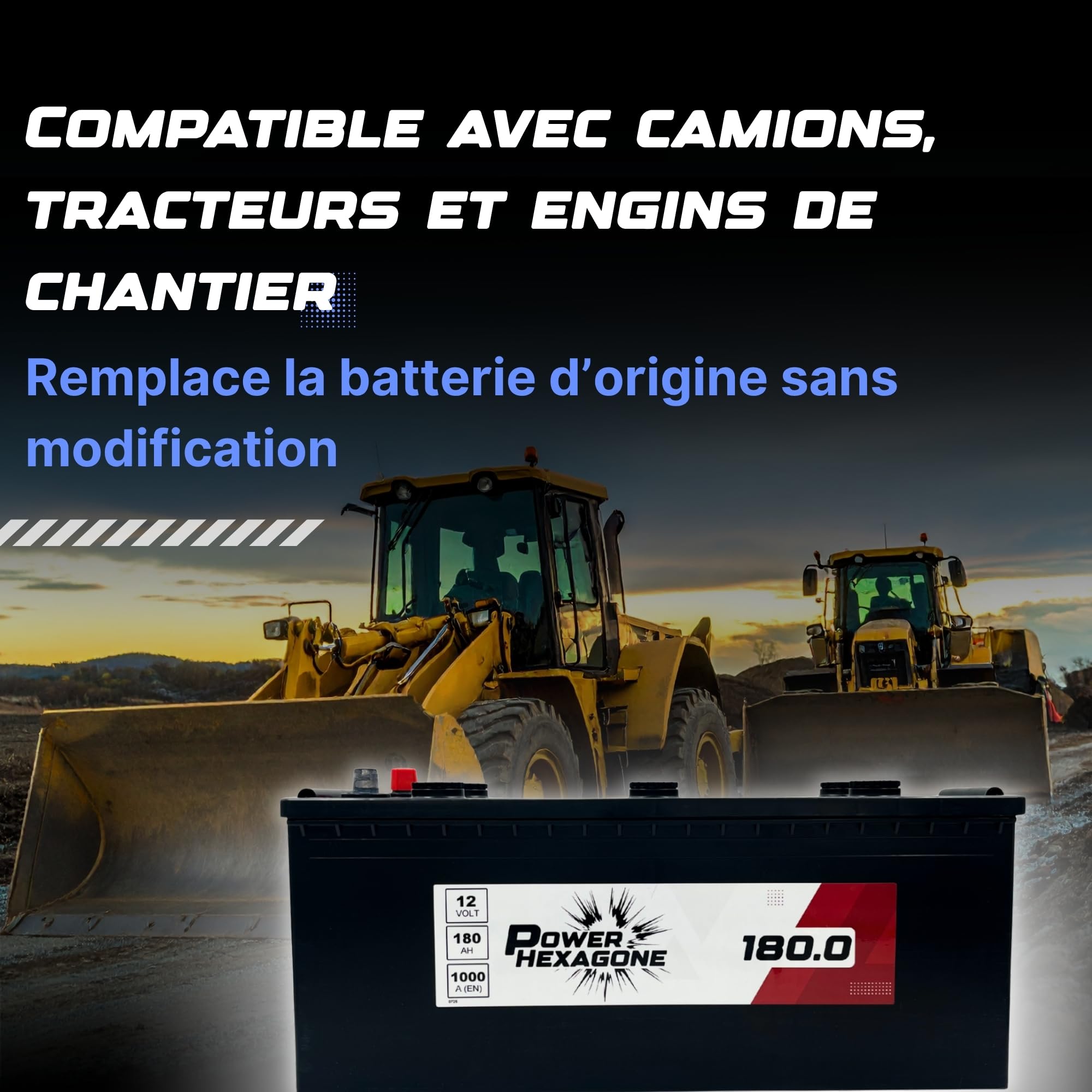 Batterie 12V 180Ah B - Démarrage 1100A - Batterie Poids Lourd Sans Entretien - Format B Compatible Camion, Engin, Tracteur - Remplacement Origine constructeur - Power Hexagone