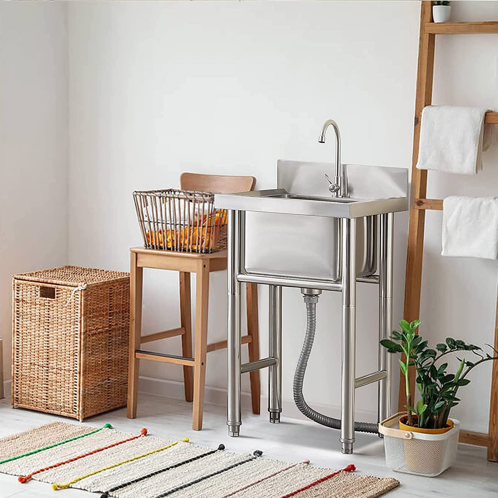 Gewerbe-Spülbecken mit einem Becken aus Edelstahl 304, inklusive Abtropfset, für Bars, Restaurants und mehr.