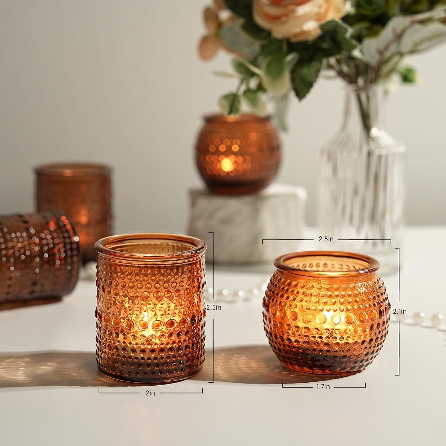 36pcs Amber Votive Candle Holders, 2x2.5in Glass Tea Lights Candle Holders for Table Centerpiece for Home Decor Party Fall Boho Decor (Amber) - Image 3