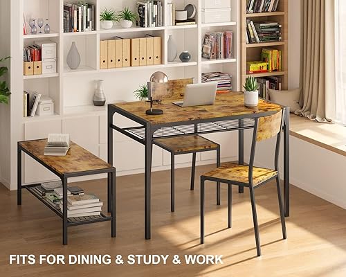 Miniatura 9 de Gizoon Mesa de cocina y 2 sillas para 4 personas con banco, juego de mesa de comedor de 4 piezas para espacios pequeños, apartamento (marrón
