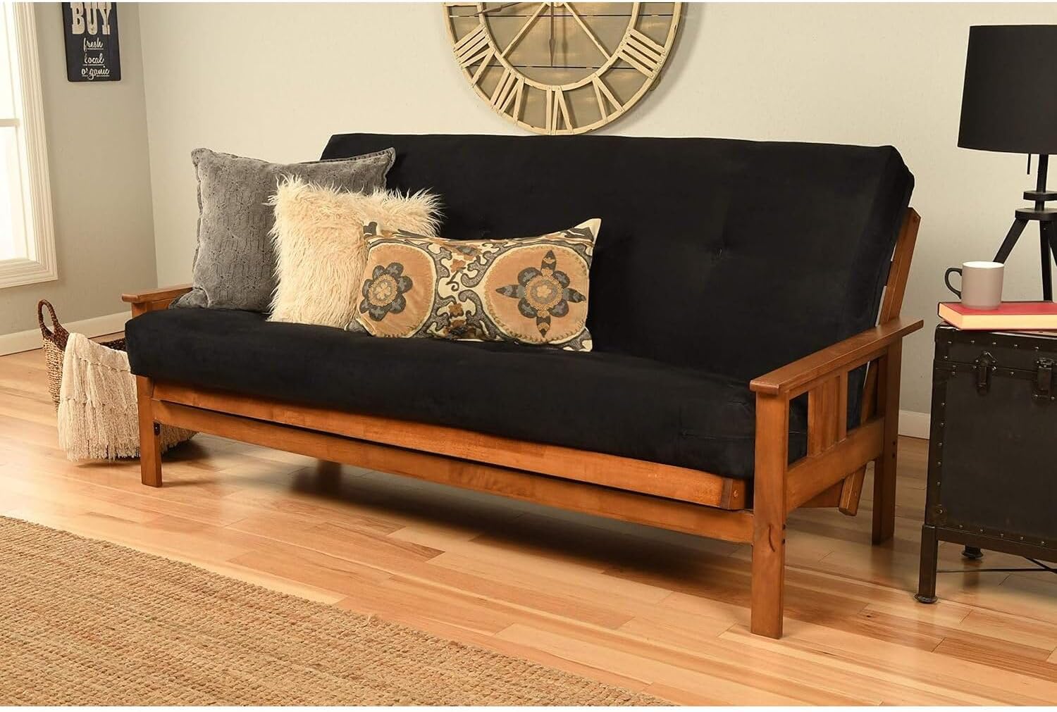 Full Size Futon Frame with Mattress - Hardwood Sofa Bed Convertible 79" Suede Black/Without Storage Drawers