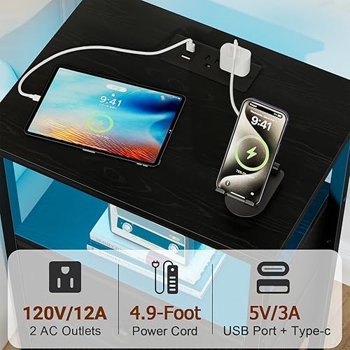 Miniatura 4 de Mesita de noche con estación de carga, mesa auxiliar con 2 cajones de tela, mesita de noche LED para dormitorio, mesa auxiliar de cama pequeña con