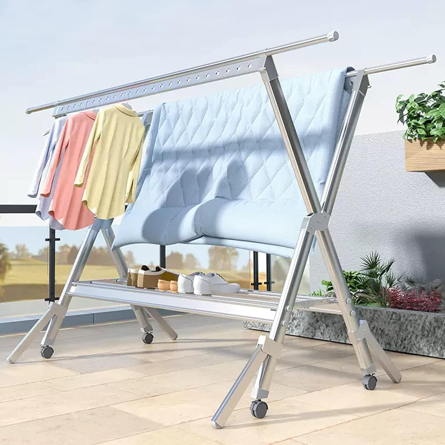 Foldable Portable Aluminium Clothes Horse Airer - X-Shaped Space-Saving Drying Rack for Towels, Bed Linen, and Clothes - Retractable Laundry Rack for Efficient Drying