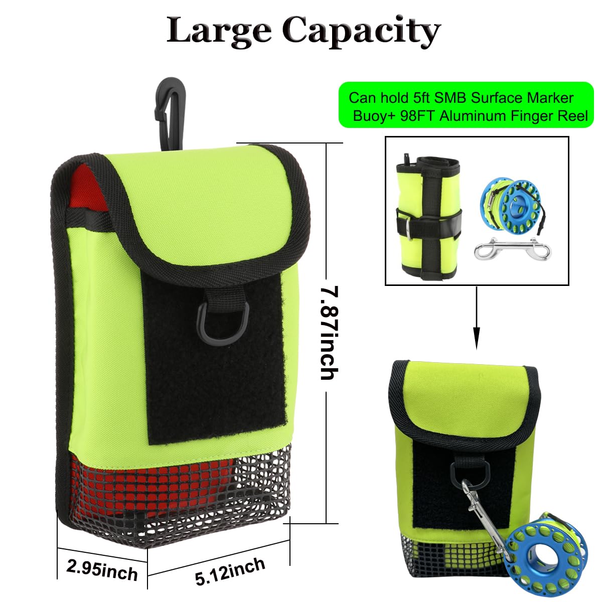 Fiozinx Finger Reel/SMB Safety Surface Marker Buoy Mesh Storage Pocket Scuba Diving Gear Bag Carry Case Pouch for Snorkeling Gear & Equipment (Green)