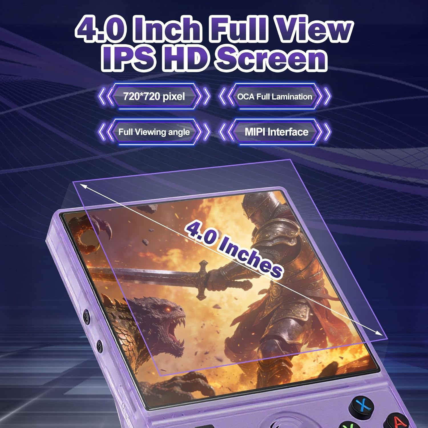 Retro Handheld Game Console, 4.0 Inch IPS HD Screen Portable Retro Gaming Console, 128GB Built-in 18000+ Classic Games, Open Source Linux System, 3500mAh Rechargeable Battery (Purple)