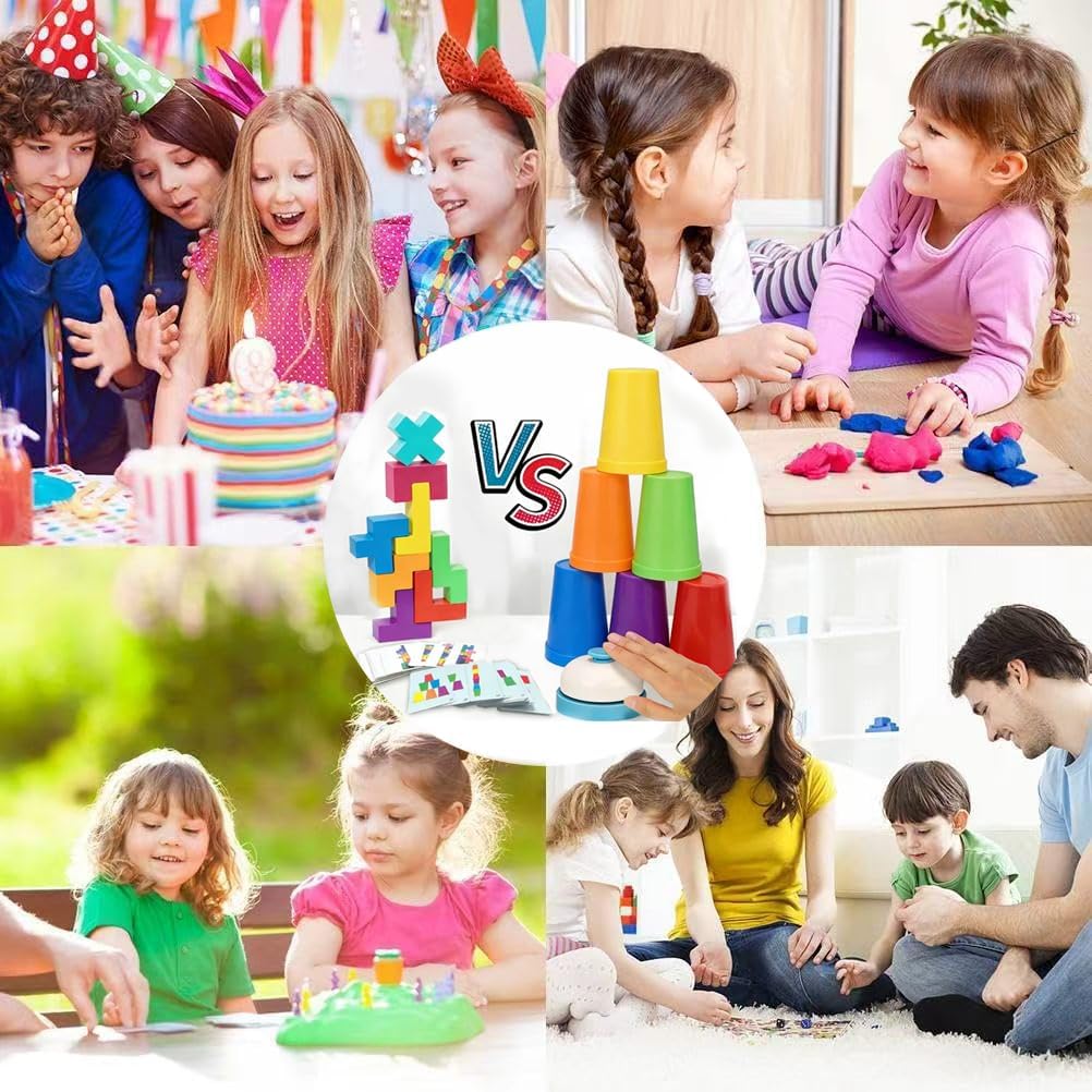 Stacking Cups and Wooden Balancing Blocks Game with Bell, Matching Puzzle STEM Educational Toy for Kids Ages 3-8, Family Party Game for Boys Girls