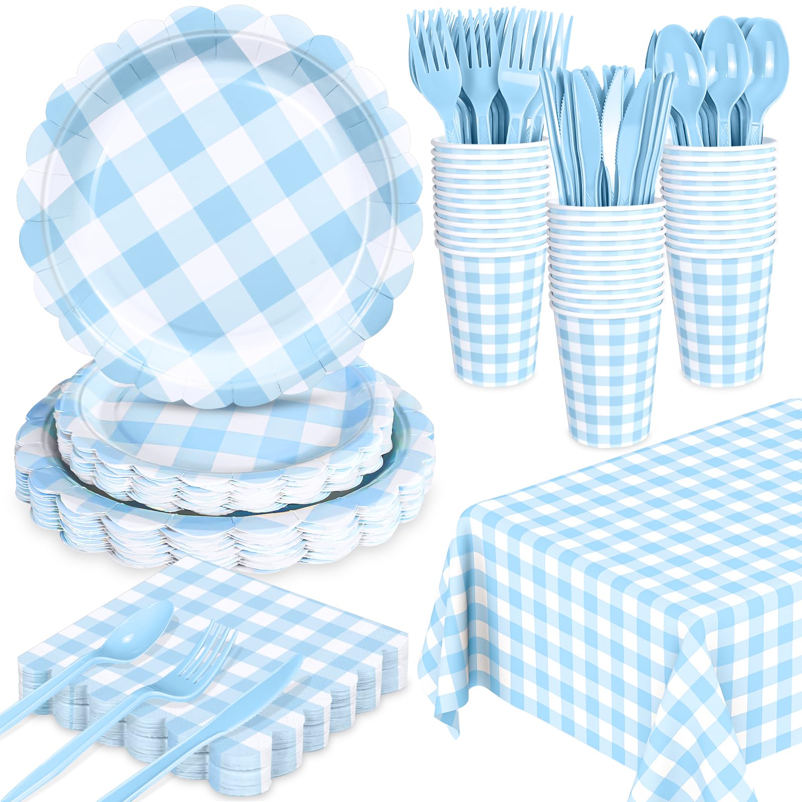 WNINK 176 PCS Light Blue Gingham Plates and Napkins, Blue Checkered Disposable Plates Set with Napkins Cups Plastic Spoons Forks Knives for Dinner