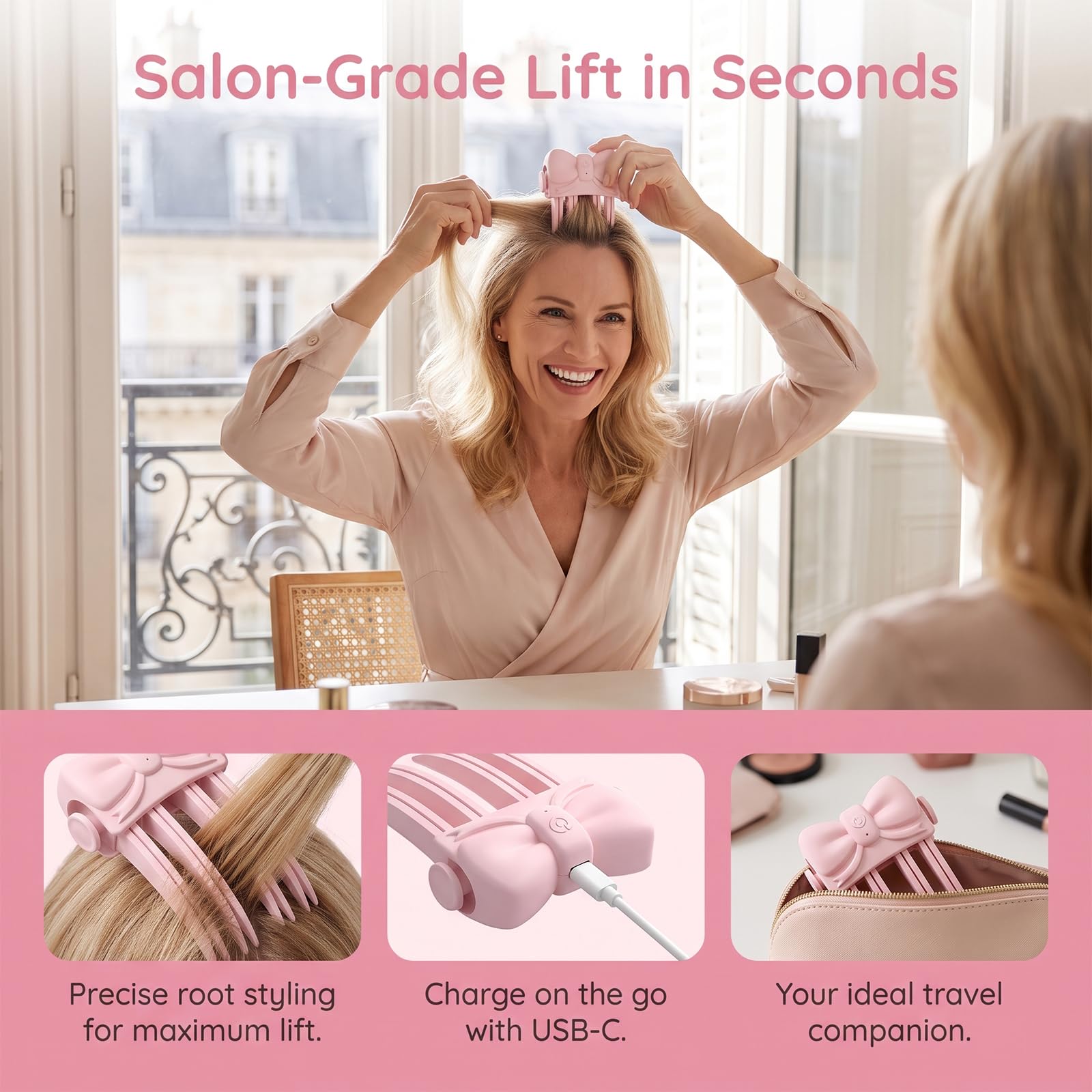 Lot de 4 pinces chauffantes et volumisantes sans fil, outil de coiffure portable pour cheveux plats et fins, peigne électrique pour relever les racines, 2 contrôles de température