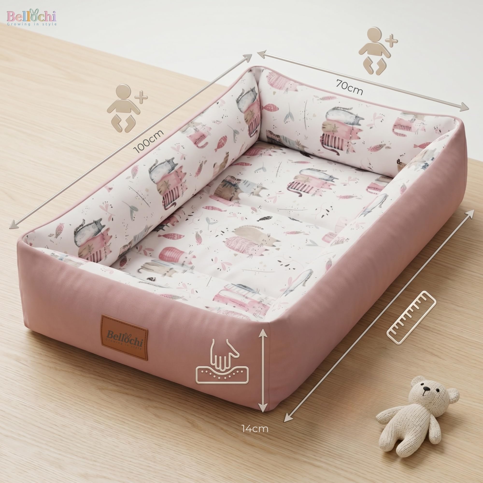 Bellochi Hush Baby Nest Cocoon leżak dla noworodka z cichymi magnetycznymi zapięciami dla spokojnego wypoczynku - hipoalergiczna bawełna premium, wielofunkcyjna mata na brzuch i przenośna kapsuła