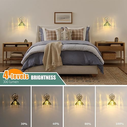 Miniatura 3 de Aplique de pared que funciona con pilas, lámparas de pared vintage recargables con pantalla de vidrio de lirio verde, lámpara de pared inalámbrica